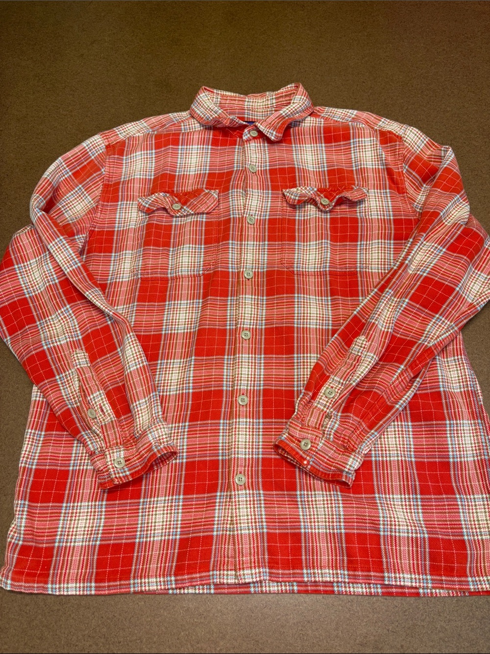 Patagonia Orange and White Plaid Long-Sleeve Button-Down Flannel Shirt